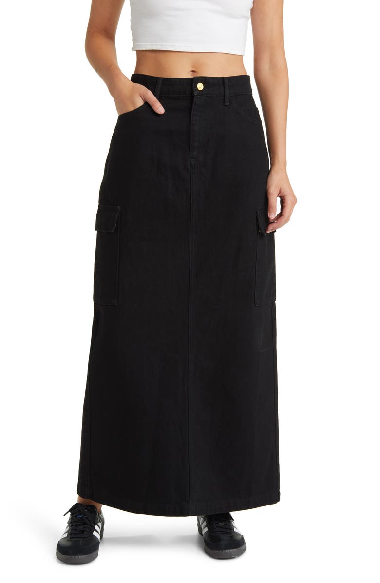 SOMETHING NEW Denim Maxi Skirt, Main, color, Black