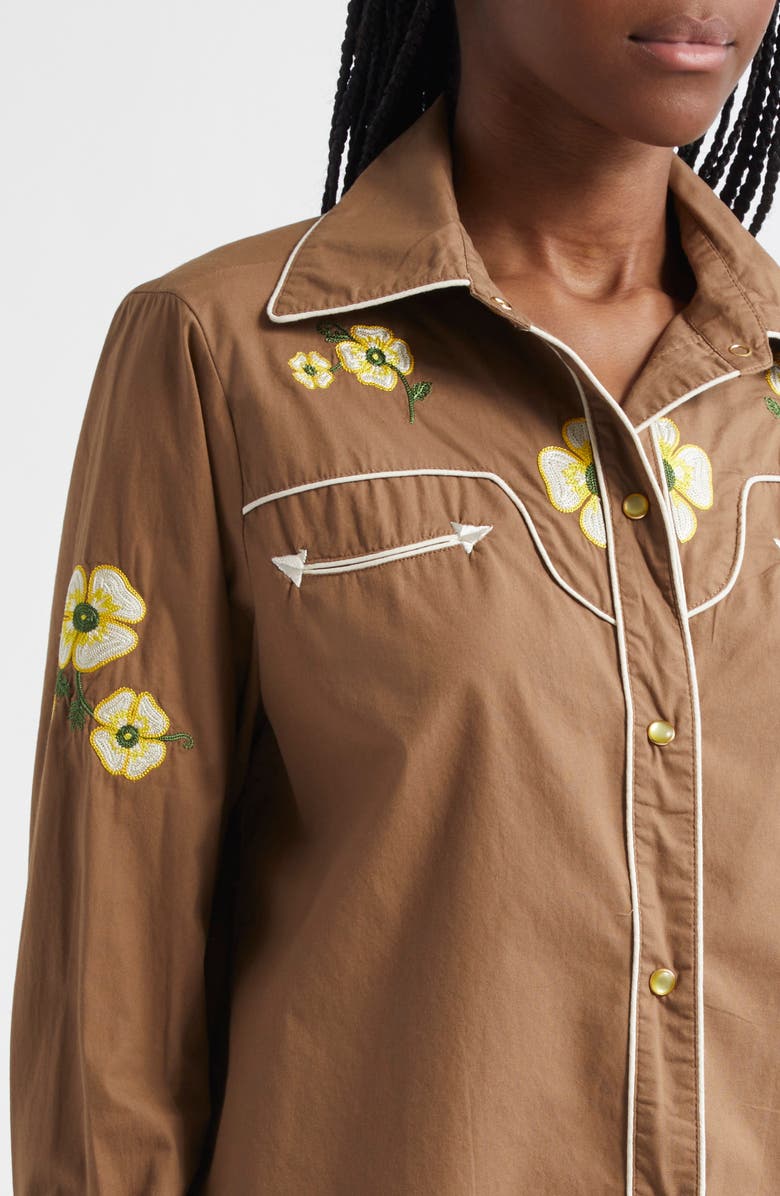 Melody Ehsani Ranch Embroidered Cotton Button-Up Shirt, Alternate, color, Brown