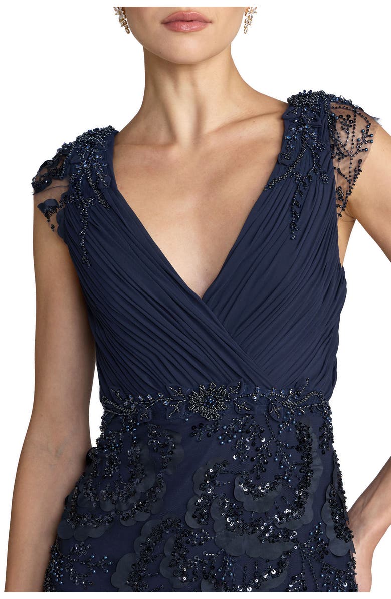 Mac Duggal Women's Floral Beaded Chiffon V-Neck Evening Gown, Alternate, color, Midnight