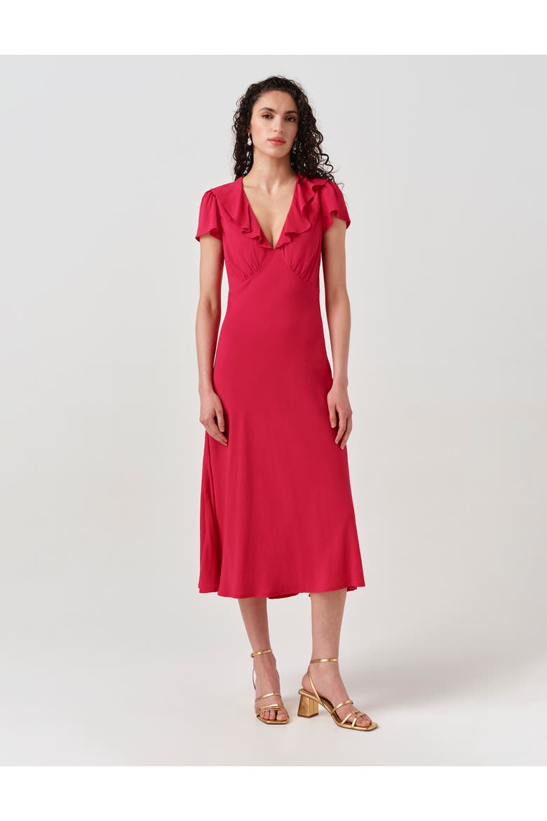 Kimmy Frill Neck Crepe Midi Dress, Main, color, Hot Pink