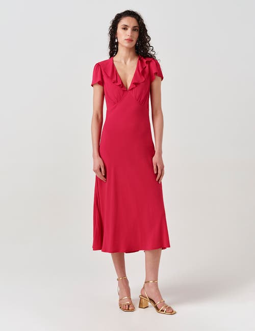 Ghost London Kimmy Frill Neck Crepe Midi Dress in Hot Pink at Nordstrom, Size 16