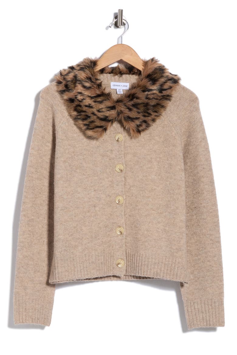 Removable Faux Fur Collar Cardigan, Alternate, color, OATMEAL/ LEOPARD