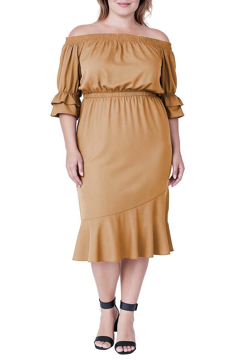 Standards & Practices Off the Shoulder Satin Midi Dress, Main, color,
