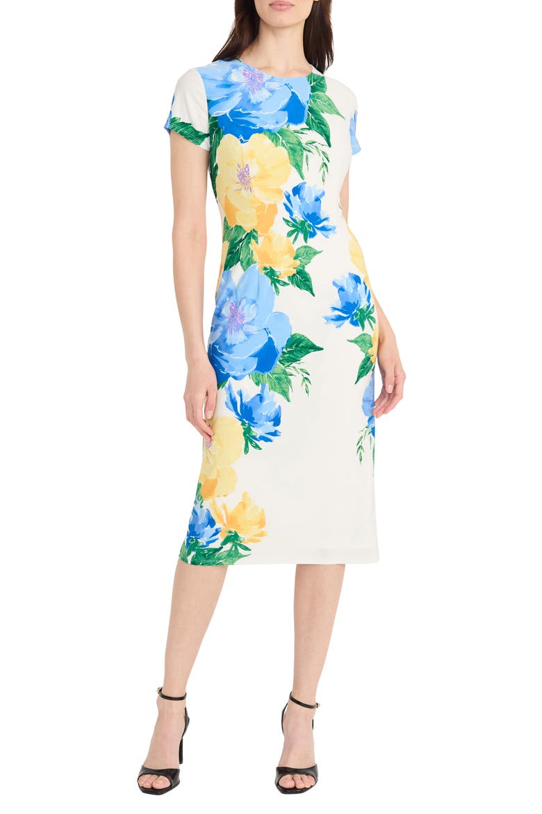 Floral Short Sleeve Sheath Midi Dress, Main, color, SOFT WHITE/ YELLOW