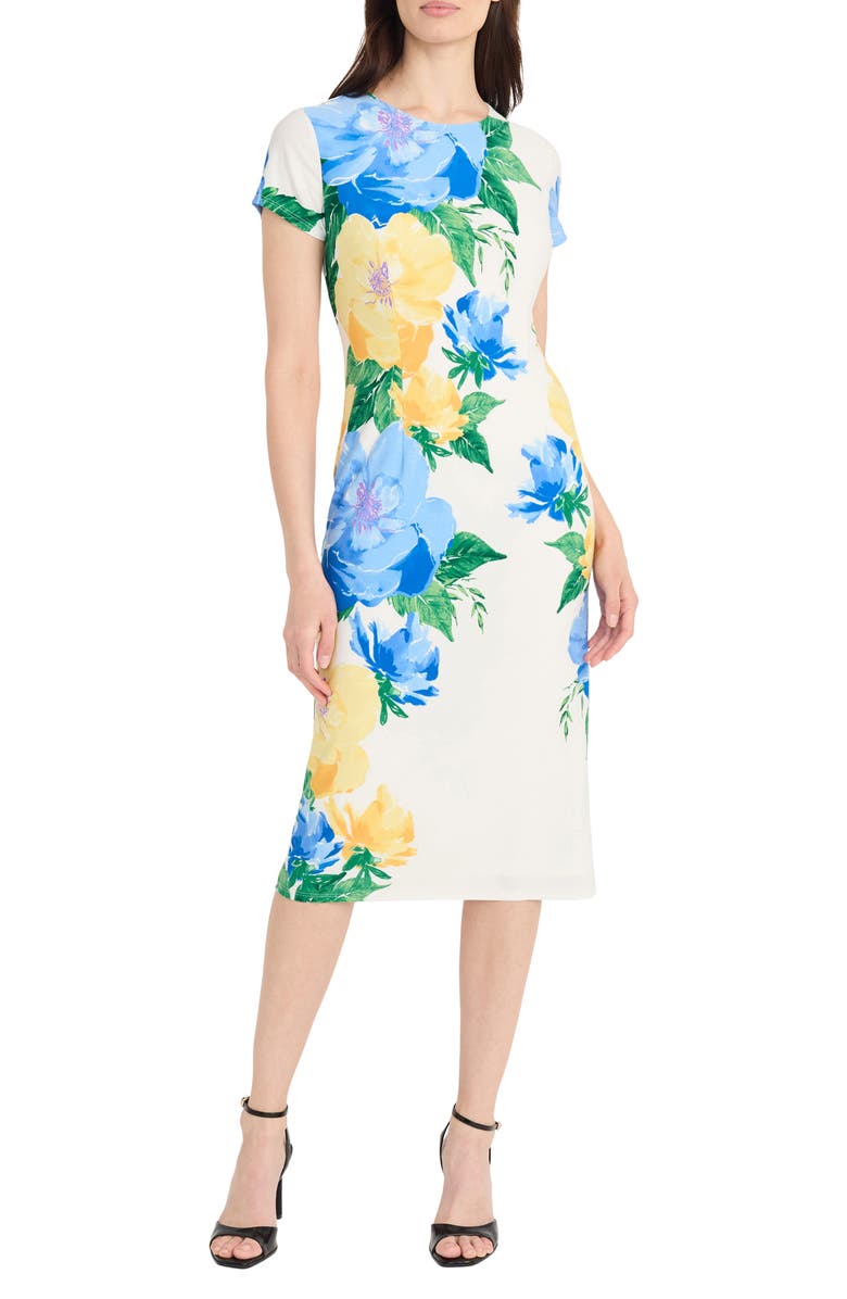 Maggy London Floral Short Sleeve Sheath Midi Dress, Main, color, Soft White/ Yellow
