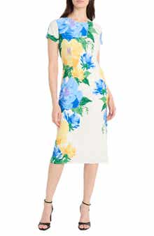 Maggy London Floral Short Sleeve Sheath Midi Dress