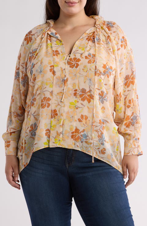 Daisy Floral Long Sleeve Silk Top (Plus)
