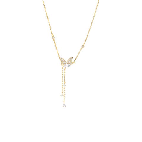 Colored Pave Butterfly CZ Station Lariat Necklace