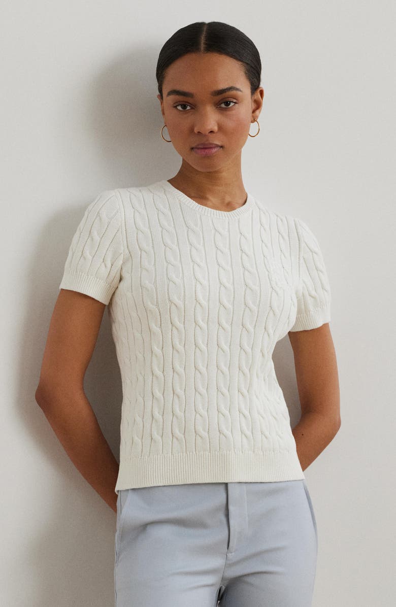 Lauren Ralph Lauren Cable Stitch Short Sleeve Cotton Sweater, Alternate, color,