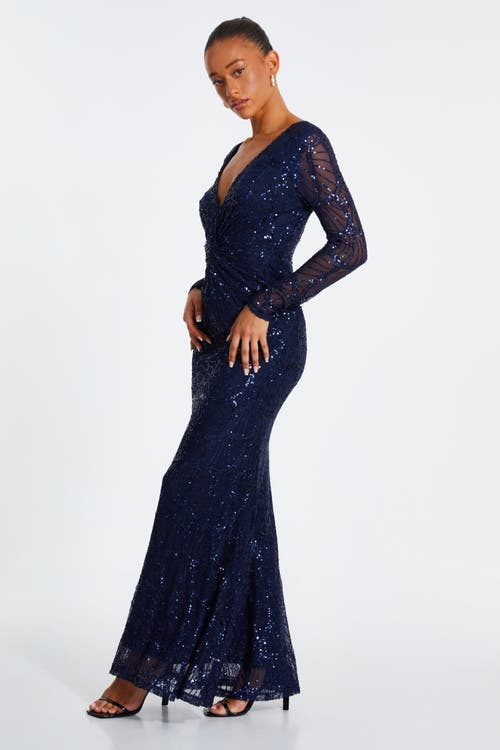 Quiz Plus Size Sequin Long Sleeve Maxi Dress In Navy