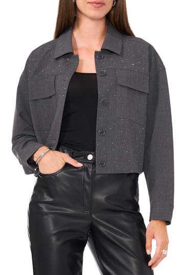 Vince Camuto Crystal Stud Crop Shacket In Gray