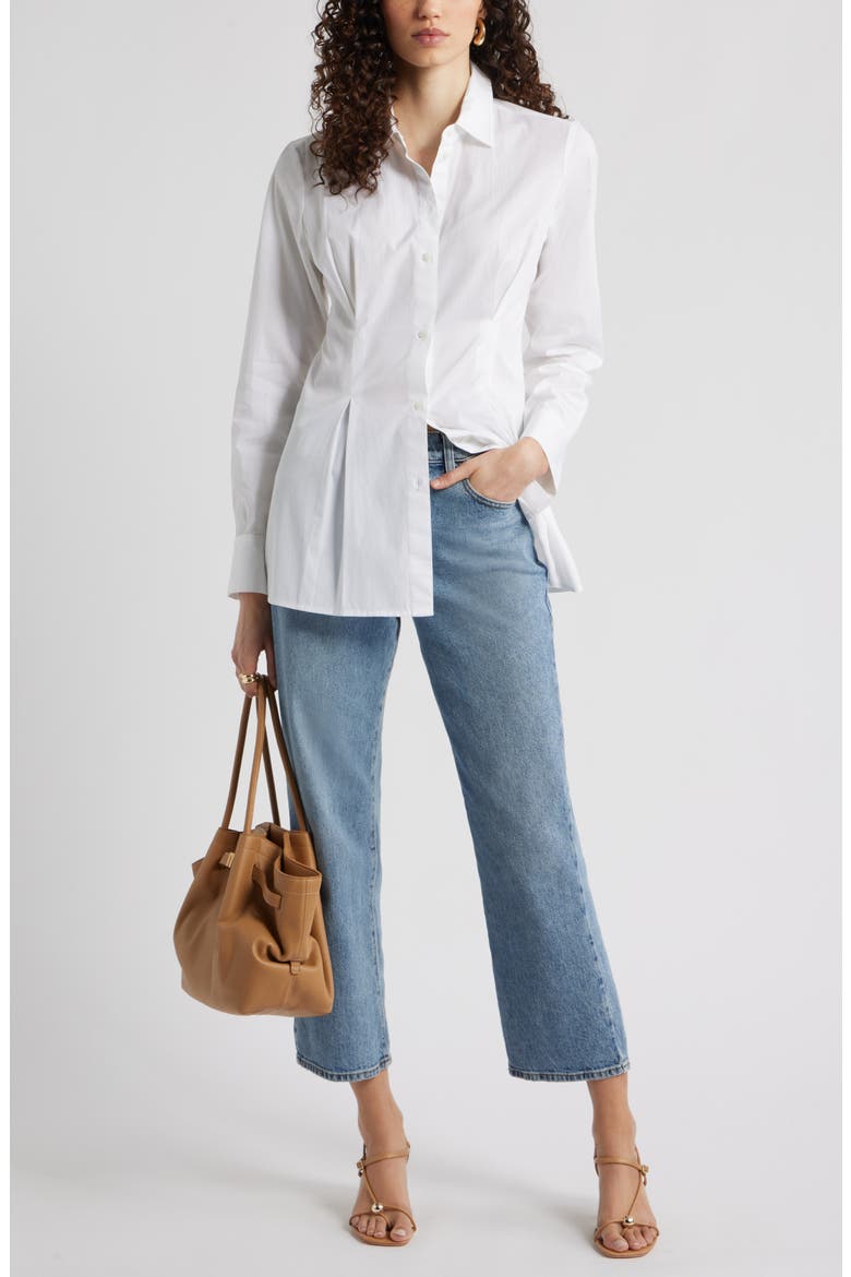 Pleat Waist Cotton Poplin Button-Up Shirt, Alternate, color, WHITE