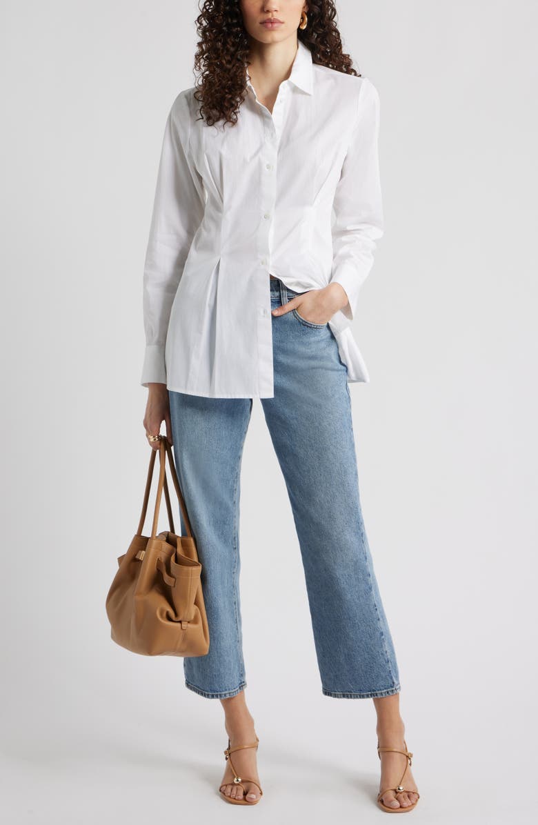Nordstrom Pleat Waist Cotton Poplin Button-Up Shirt, Alternate, color, White