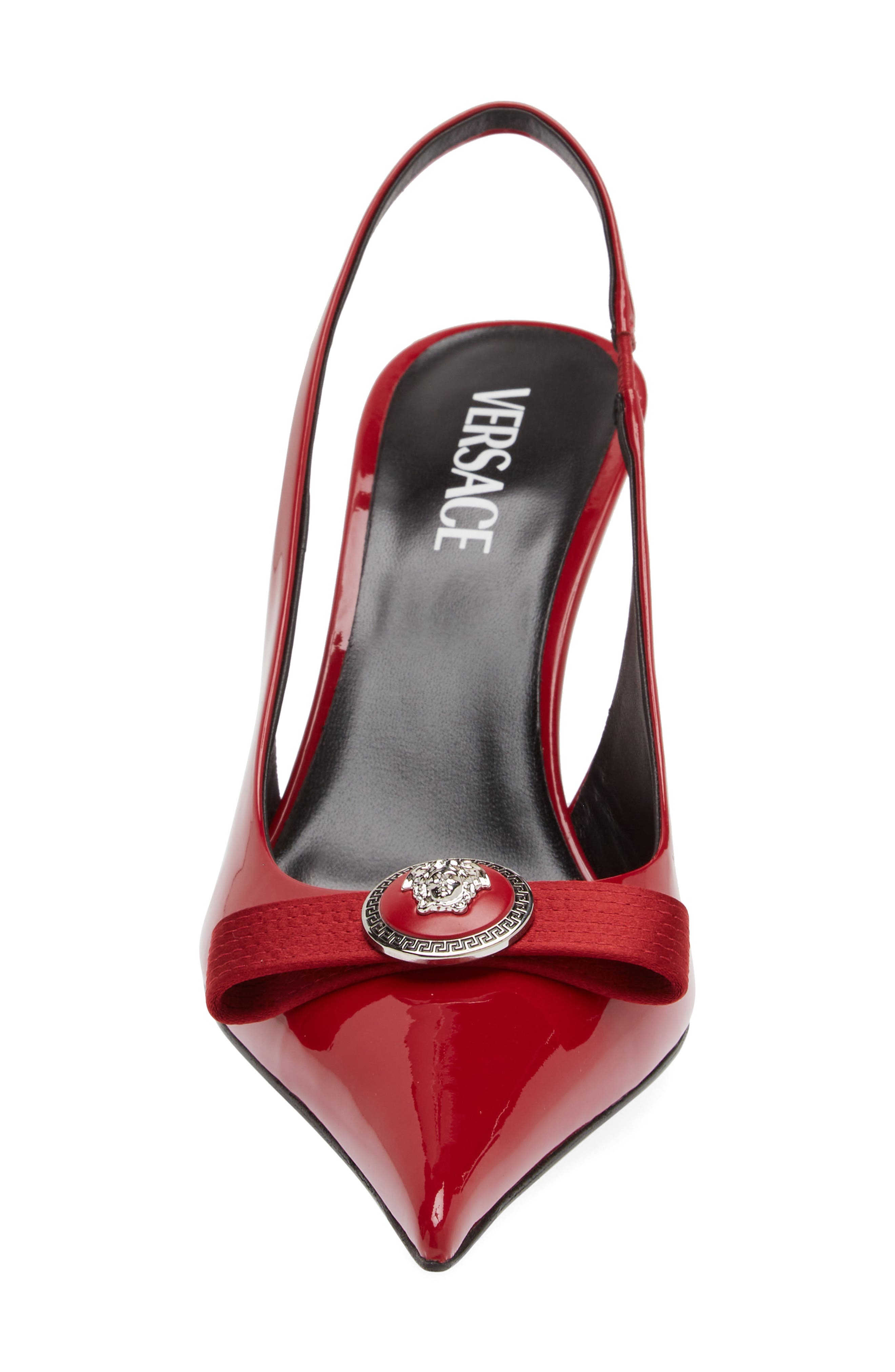 Versace Medusa Bow Pointed Toe Slingback Pump, Alternate, color, Lipstick Red-Palladium