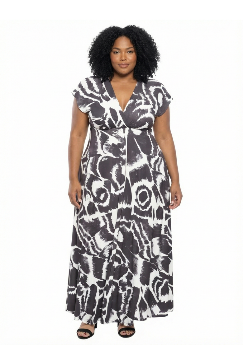 Curvy Essential Abstract V-Neck Empire Waist Cap Sleeve Maxi Dress, Main, color, Black Multi