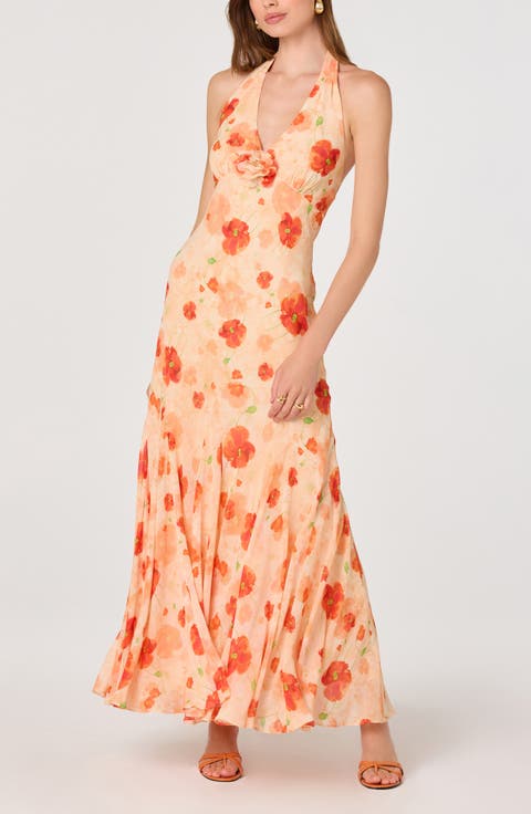 Yasmen Floral Plunge Halter Neck Maxi Dress