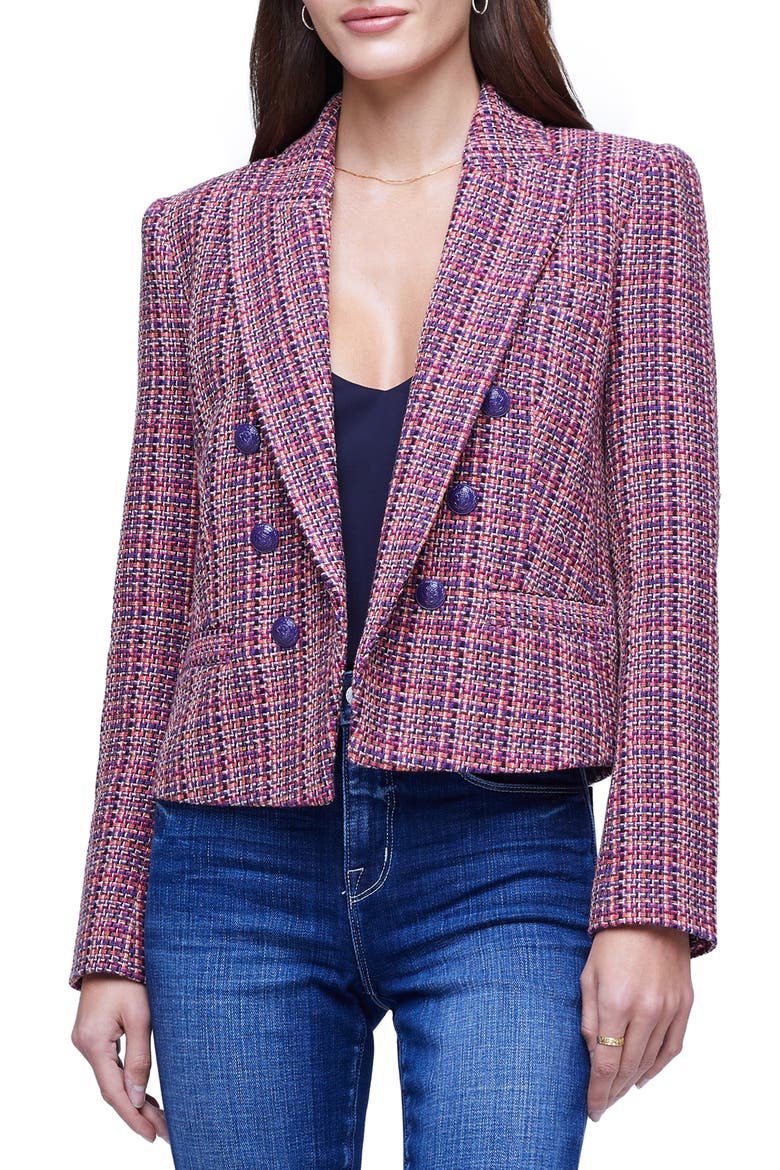 Brooke Double Breasted Tweed Crop Blazer, Main, color, PURPLE PINK MULTI