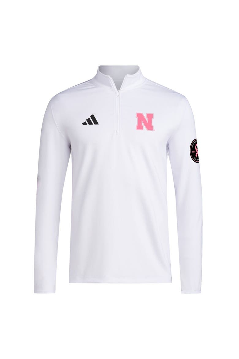 Men's adidas White Nebraska Huskers Wear Pink Quarter-Zip Pullover, Alternate, color, White