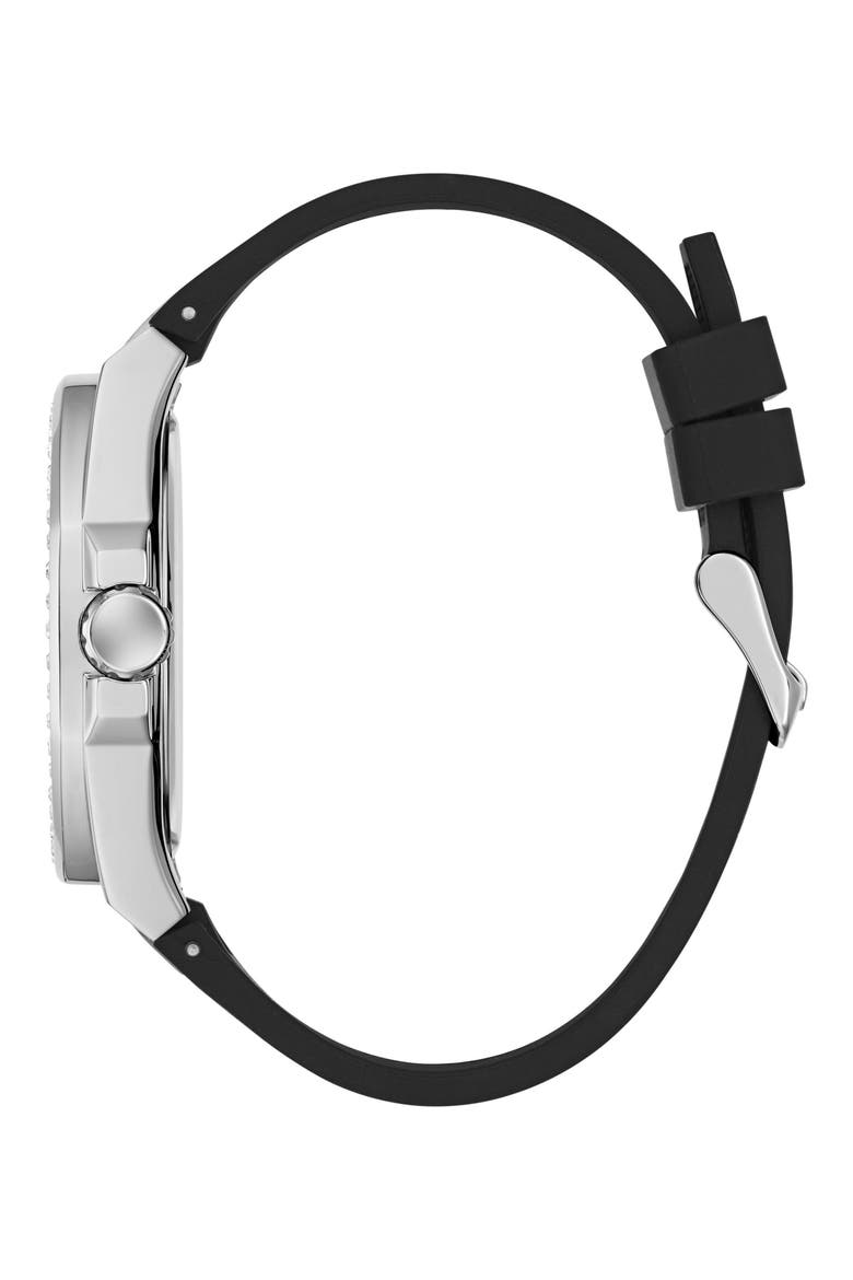 Crystal Detail Multifunction Silicone Strap Watch, 46mm, Alternate, color, BLACK/ SILVER