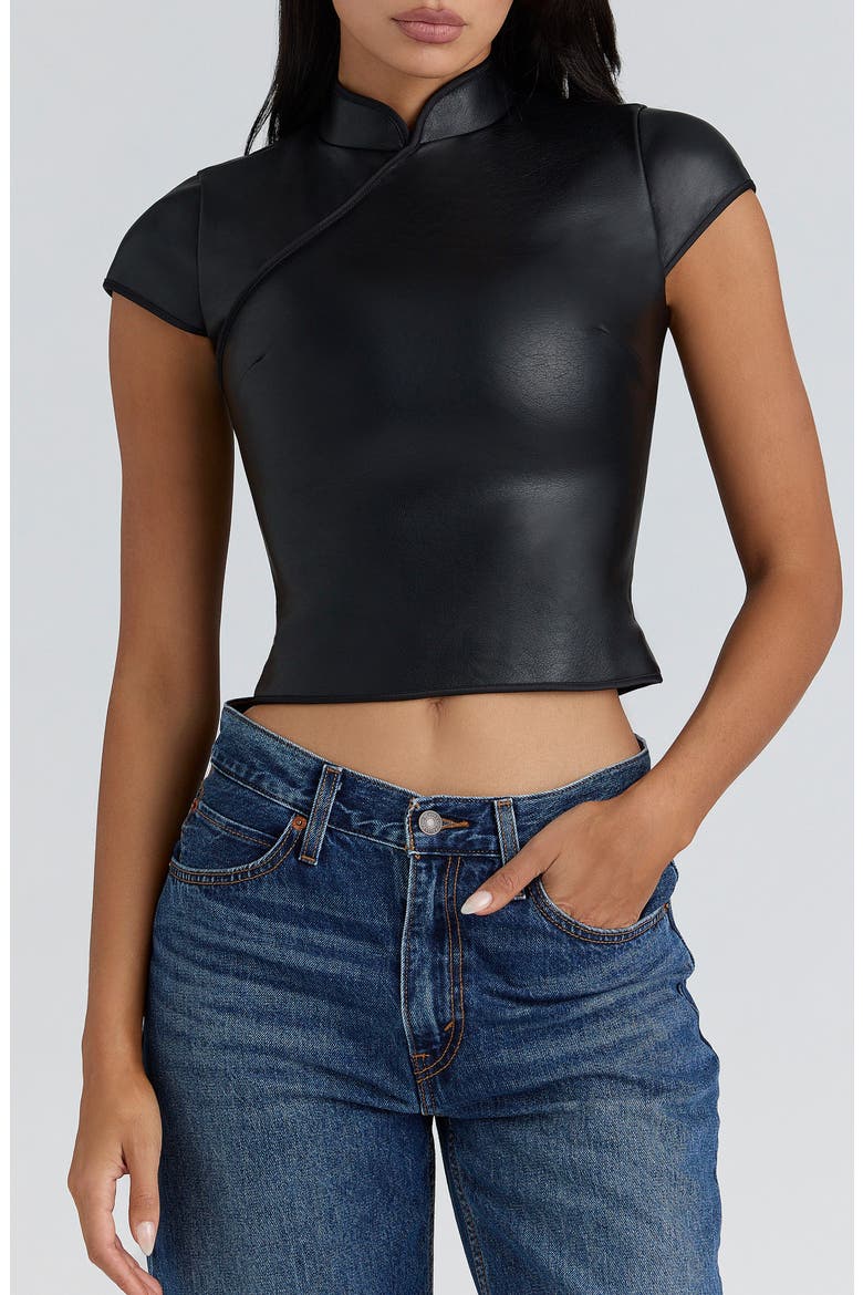 Bobbi Mandarin Collar Faux Leather Crop Top, Main, color, BLACK