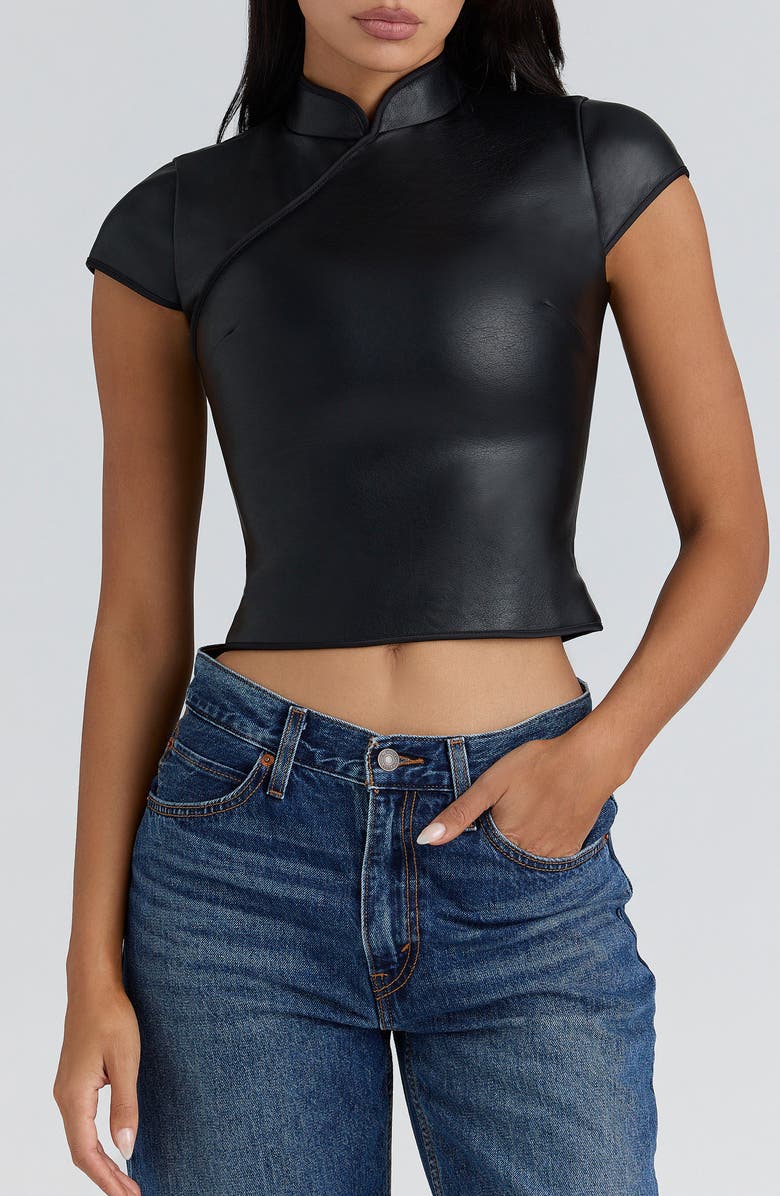 HOUSE OF CB Bobbi Mandarin Collar Faux Leather Crop Top, Main, color, Black