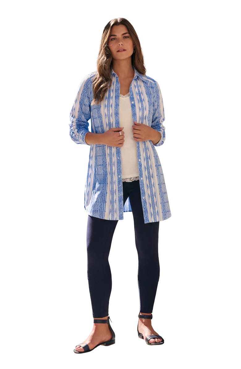 Roaman's Kate Long-Sleeve Crisp Cotton-Blend Button-Front Tunic, Main, color, Dark Sapphire