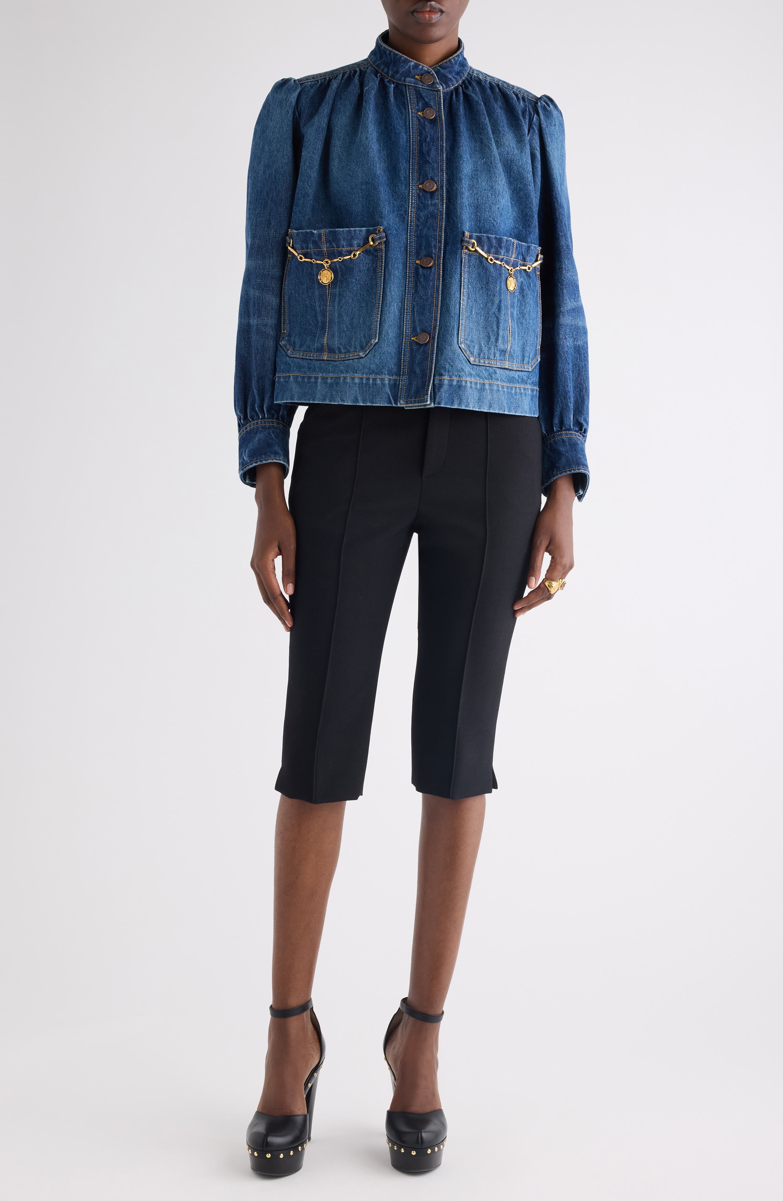 Chain Detail Puff Shoulder Denim Jacket - image 2