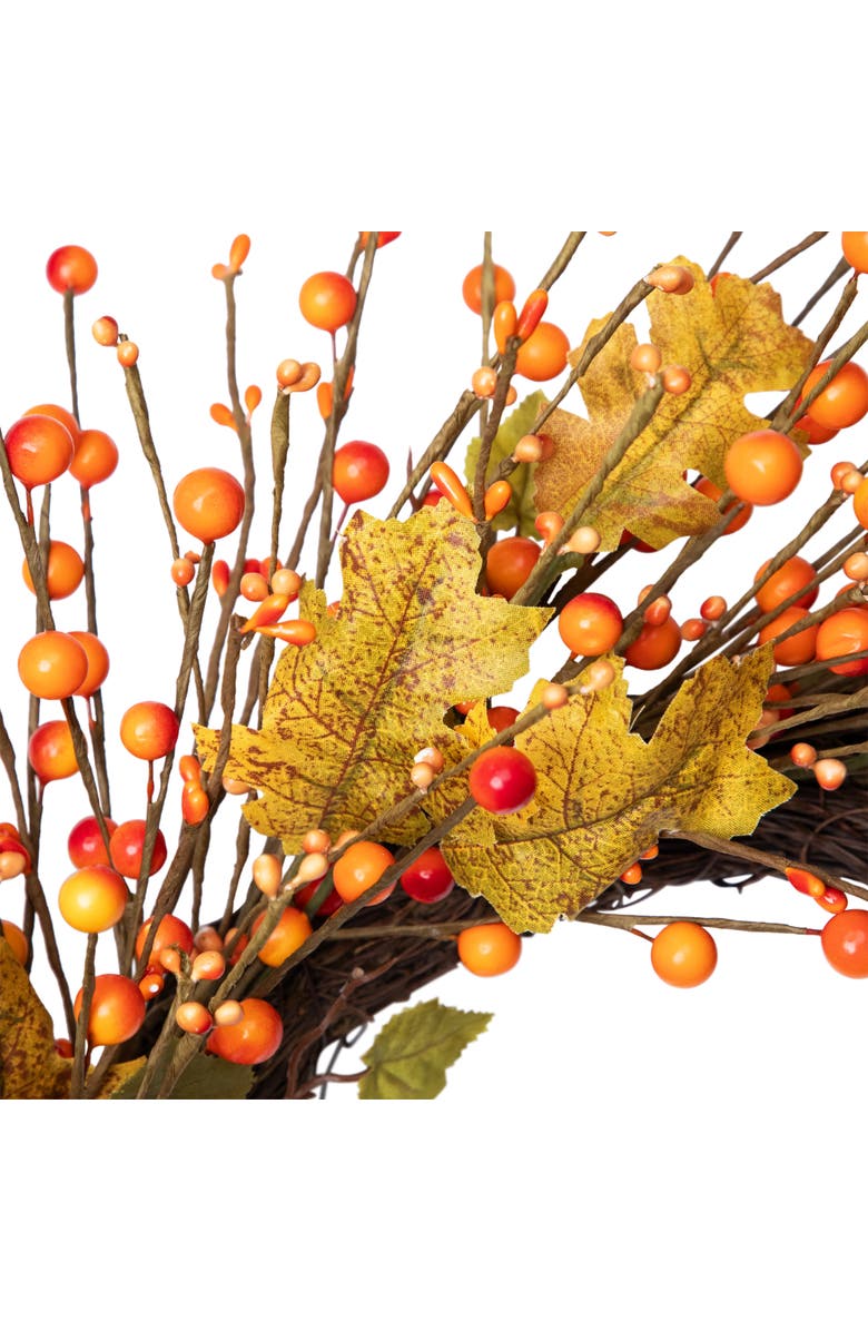 Northlight Berries and Maple Leaves Artificial Fall Harvest Twig Wreath - 22", Alternate, color, Yellow