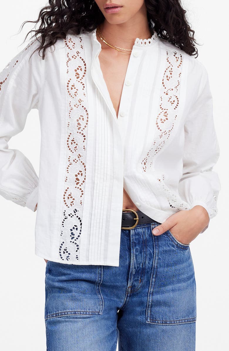 Madewell Lace Inset Pintuck Button-Up Shirt, Main, color, White