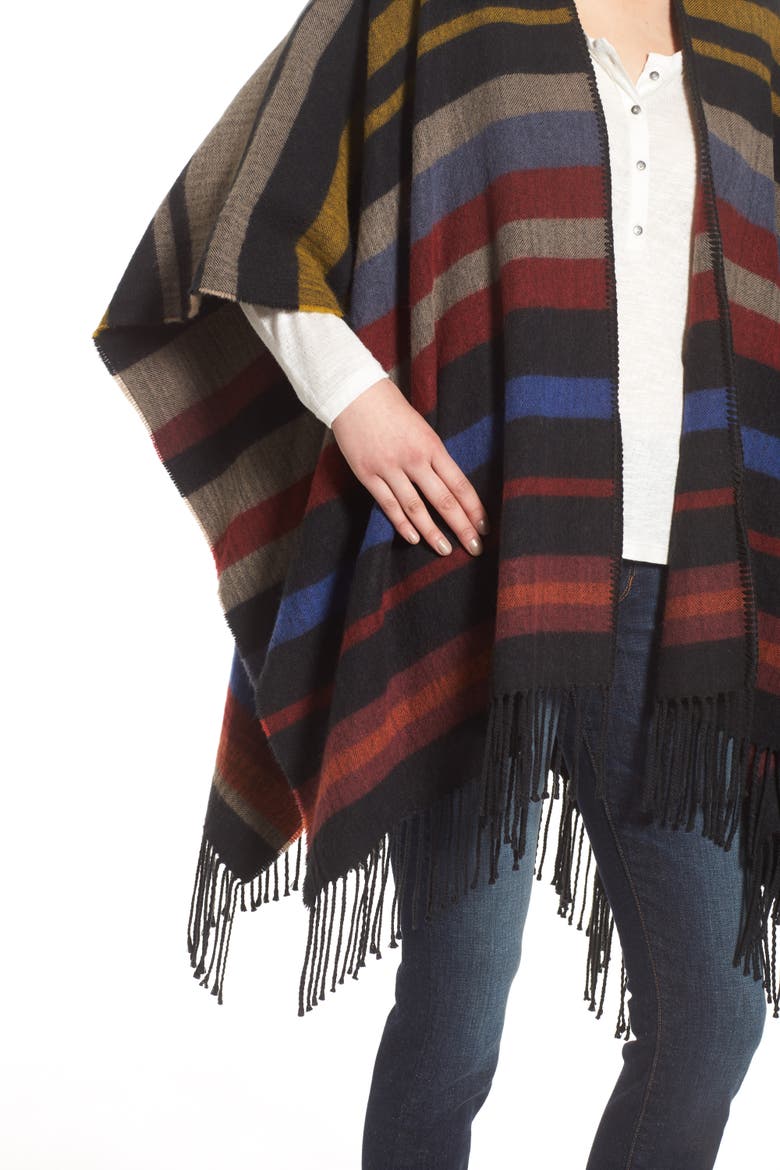 Treasure&Bond Fringed Stripe Poncho, Alternate, color, BLACK COMBO