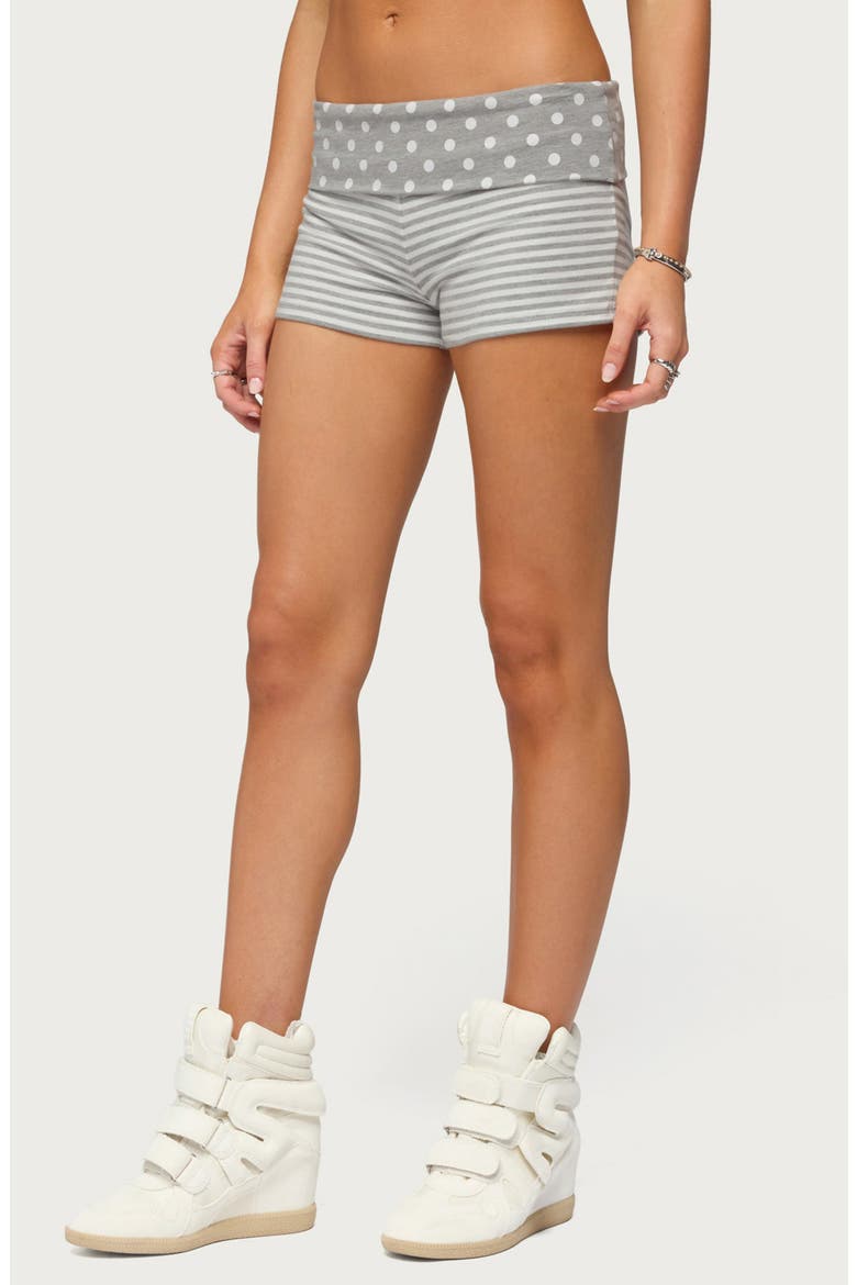 Presley Stripe & Polka Dot Foldover Shorts, Alternate, color, LIGHT-GRAY-MELANGE-AND-WHITE