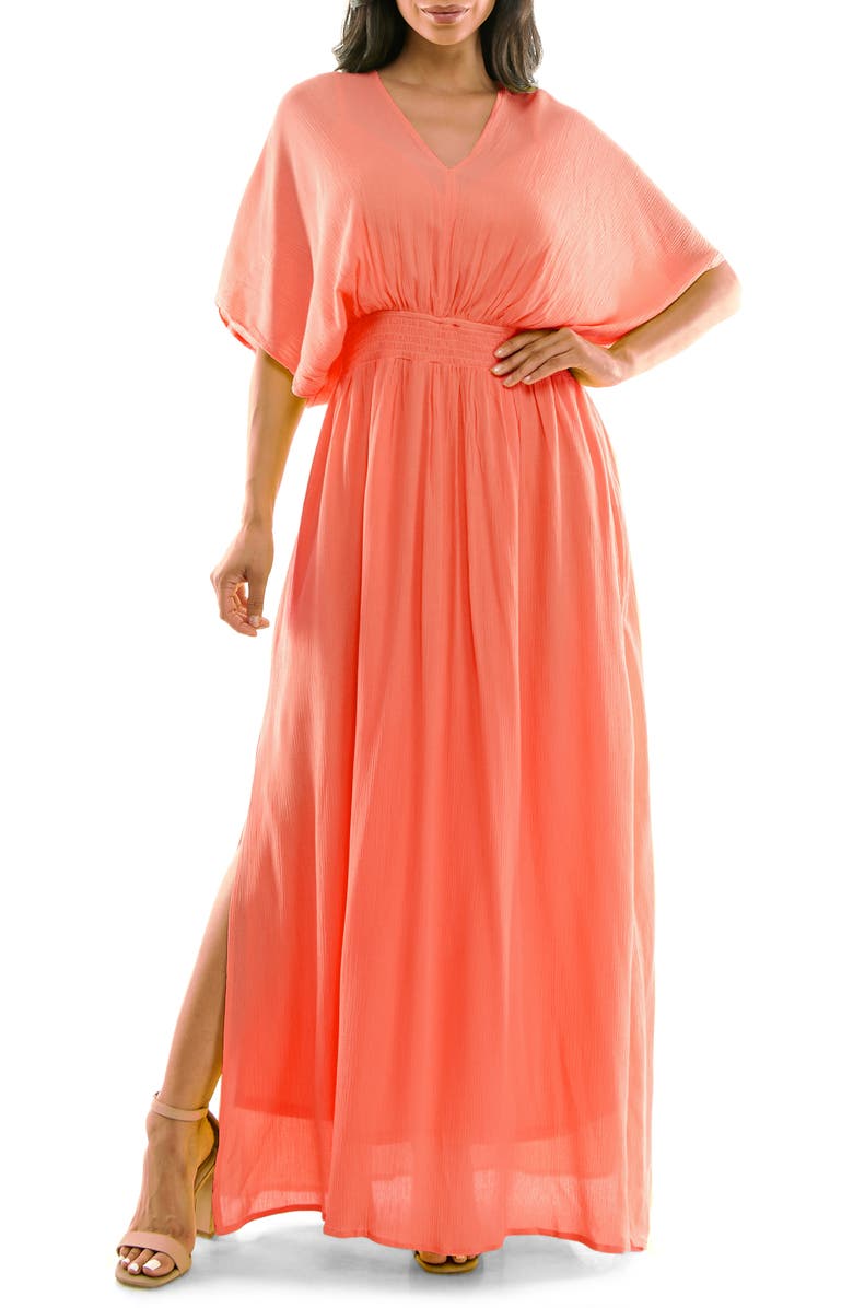 Nina Leonard V-Neck Smocked Waist Maxi Dress, Main, color, Mango