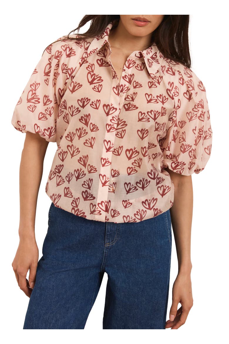 Heart Print Puff Sleeve Shirt, Alternate, color, Light Pink