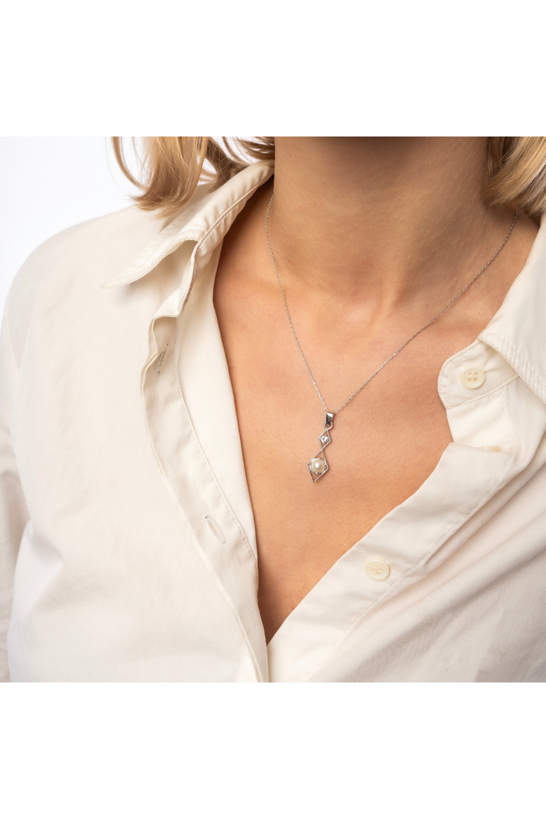 Sterling Silver Rhombus 3D Pearl Necklace, Alternate, color, Silver