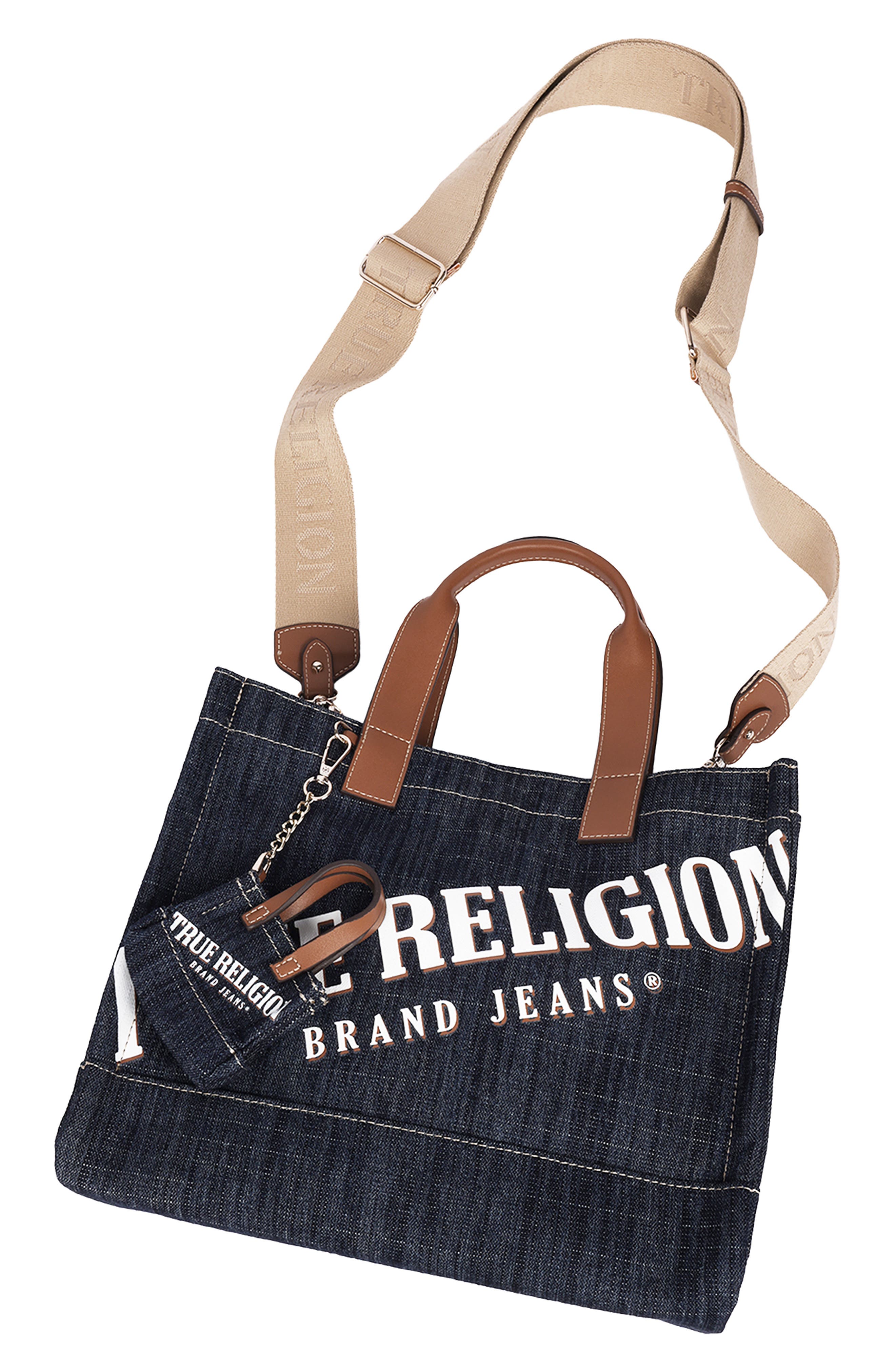 Medium Logo Denim Tote, Alternate, color, DARK DENIM