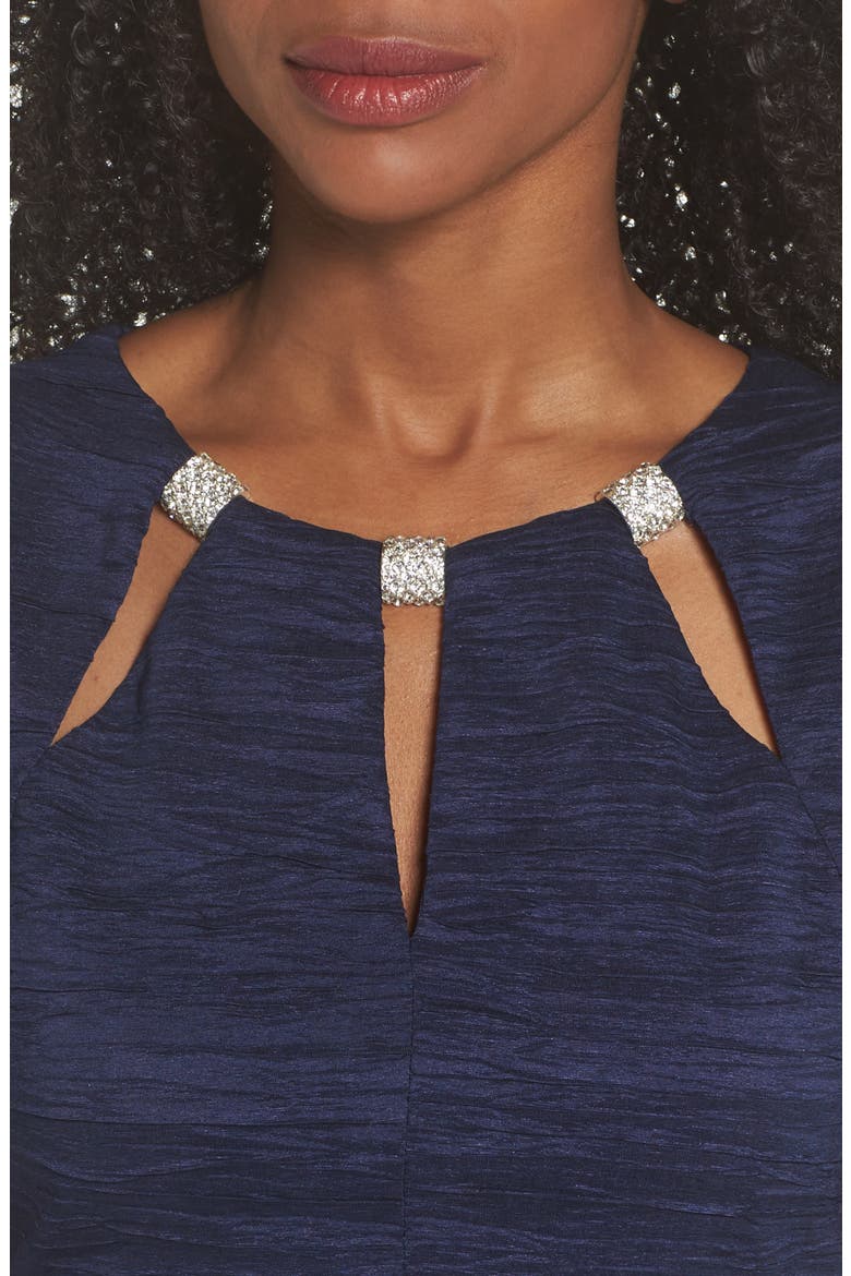 Embellished Cutout Taffeta Sheath Dress, Alternate, color, NAVY