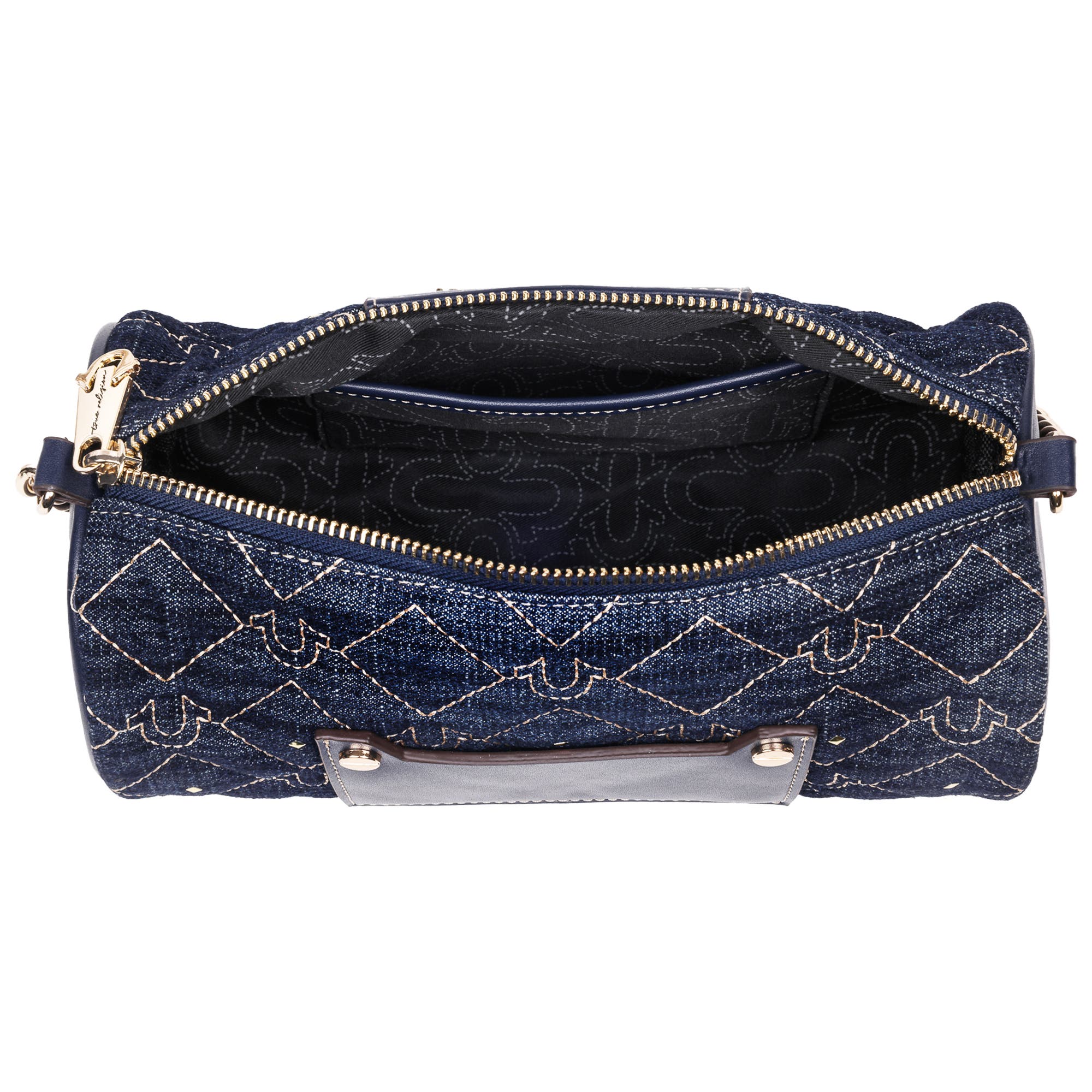 True Religion Studded Denim Zip Top Barrel Bag, Alternate, color, Dark Denim