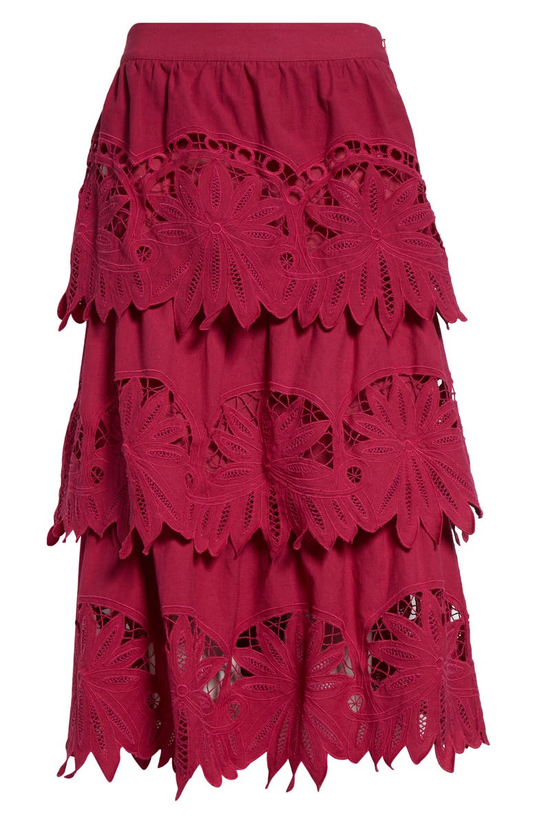 FARM Rio Daisy Guipure Lace cotton & Linen Tiered Skirt, Alternate, color,