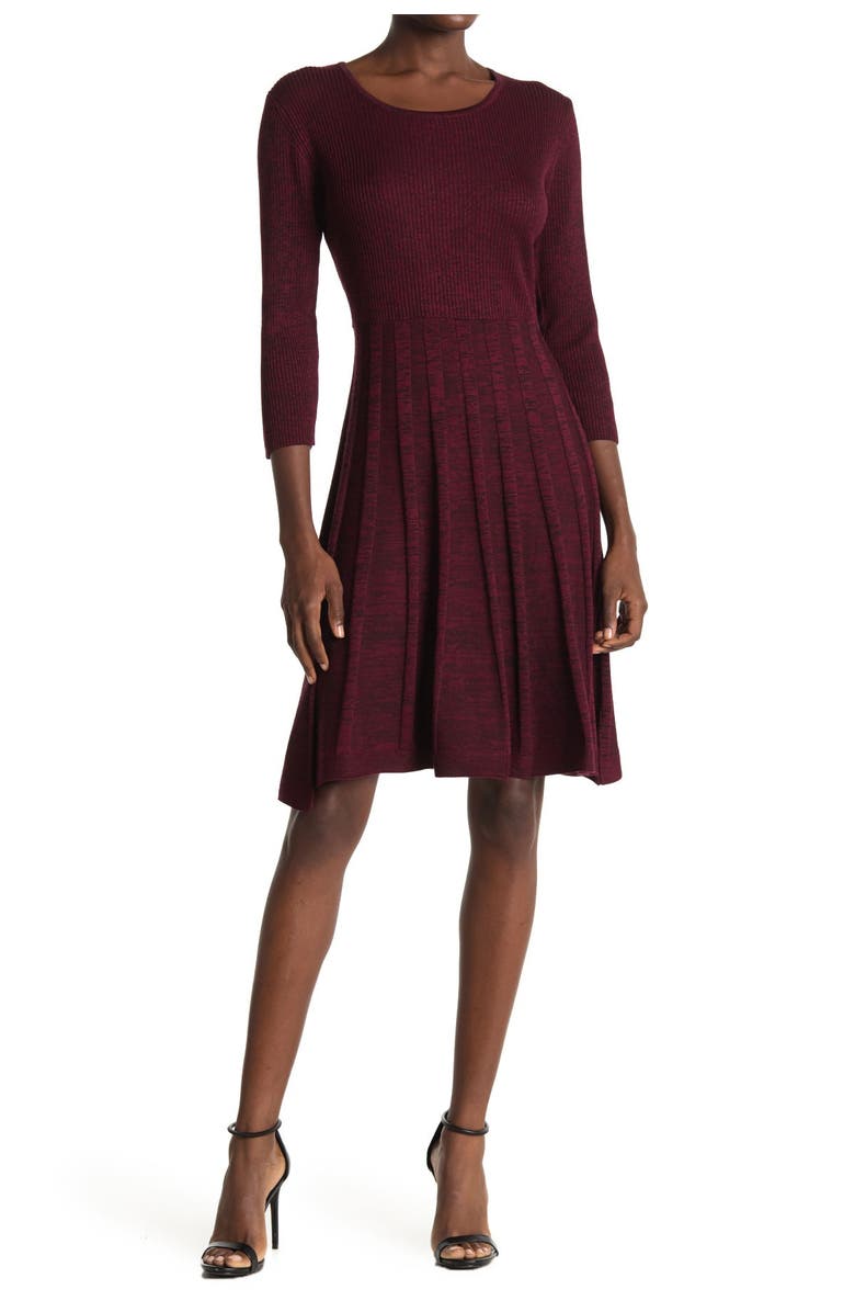 Nina Leonard Pleated Scoop Neck Dress, Main, color, Wine Multi