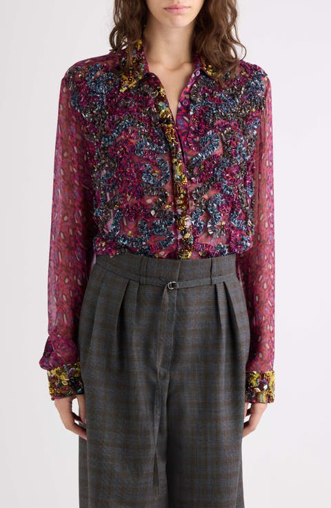 Chevy Embroidered Ruffle Viscose Chiffon Shirt