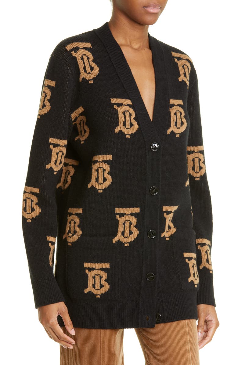Burberry Nadine TB Monogram Wool Cardigan, Alternate, color, 