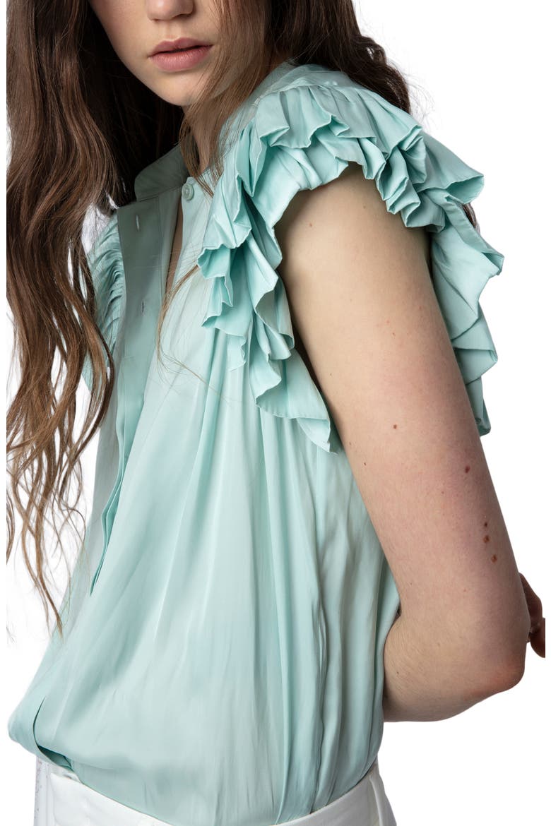 Tiza Ruffle Satin Button-Up Blouse, Alternate, color, CELADON