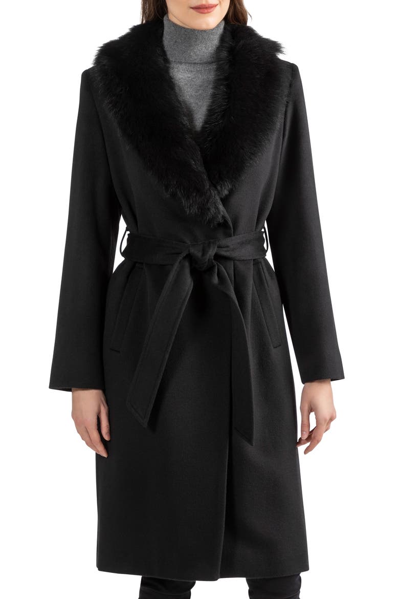 Sofia Wool & Cashmere Blend Wrap Coat with Genuine Shearling Trim, Main, color, 001BLK