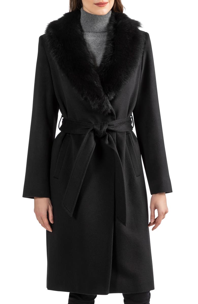 Sofia Cashmere Sofia Wool & Cashmere Blend Wrap Coat with Genuine Shearling Trim, Main, color,