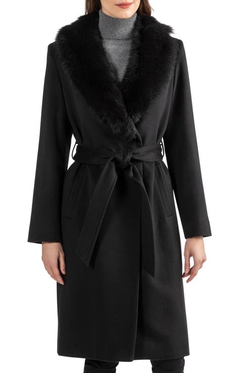 Sofia Wool & Cashmere Blend Wrap Coat with Genuine Shearling Trim