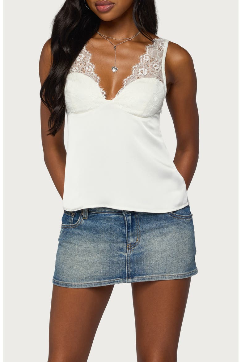 Vikkey Lace Trim Satin Tank, Main, color, WHITE