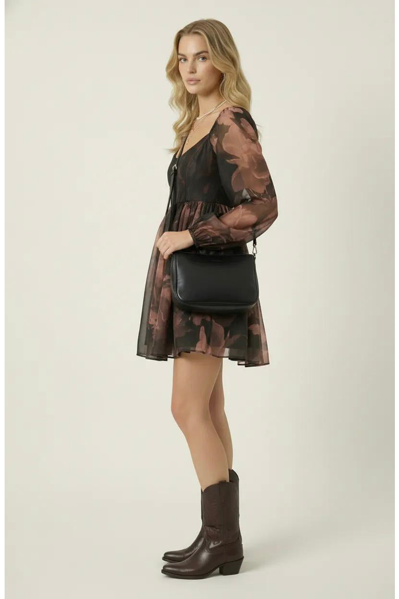 Floral Organza Bubble-Sleeve Tulle-Layered Mini Dress, Alternate, color, Floral Organza