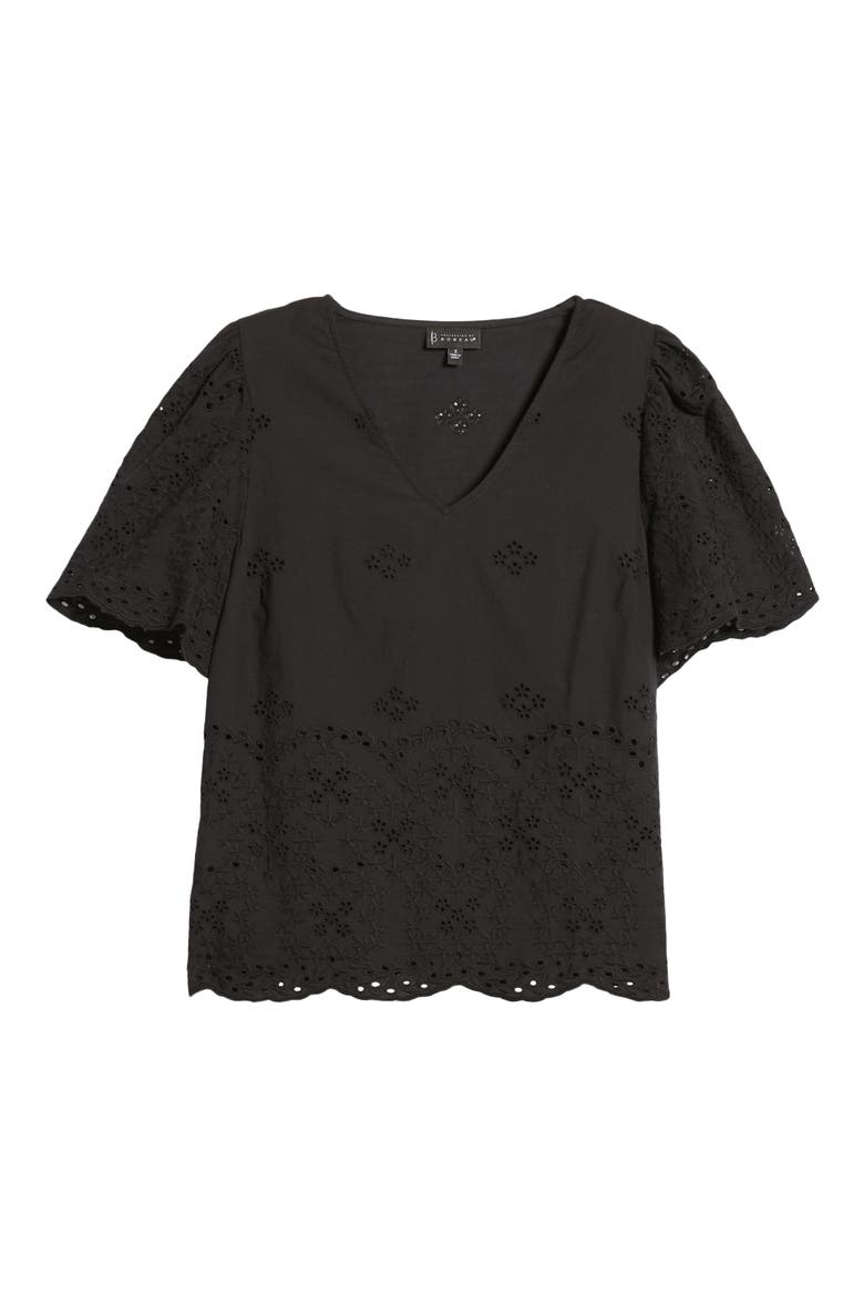 Nyla Flutter Sleeve Cotton Eyelet Top, Alternate, color, BLACK