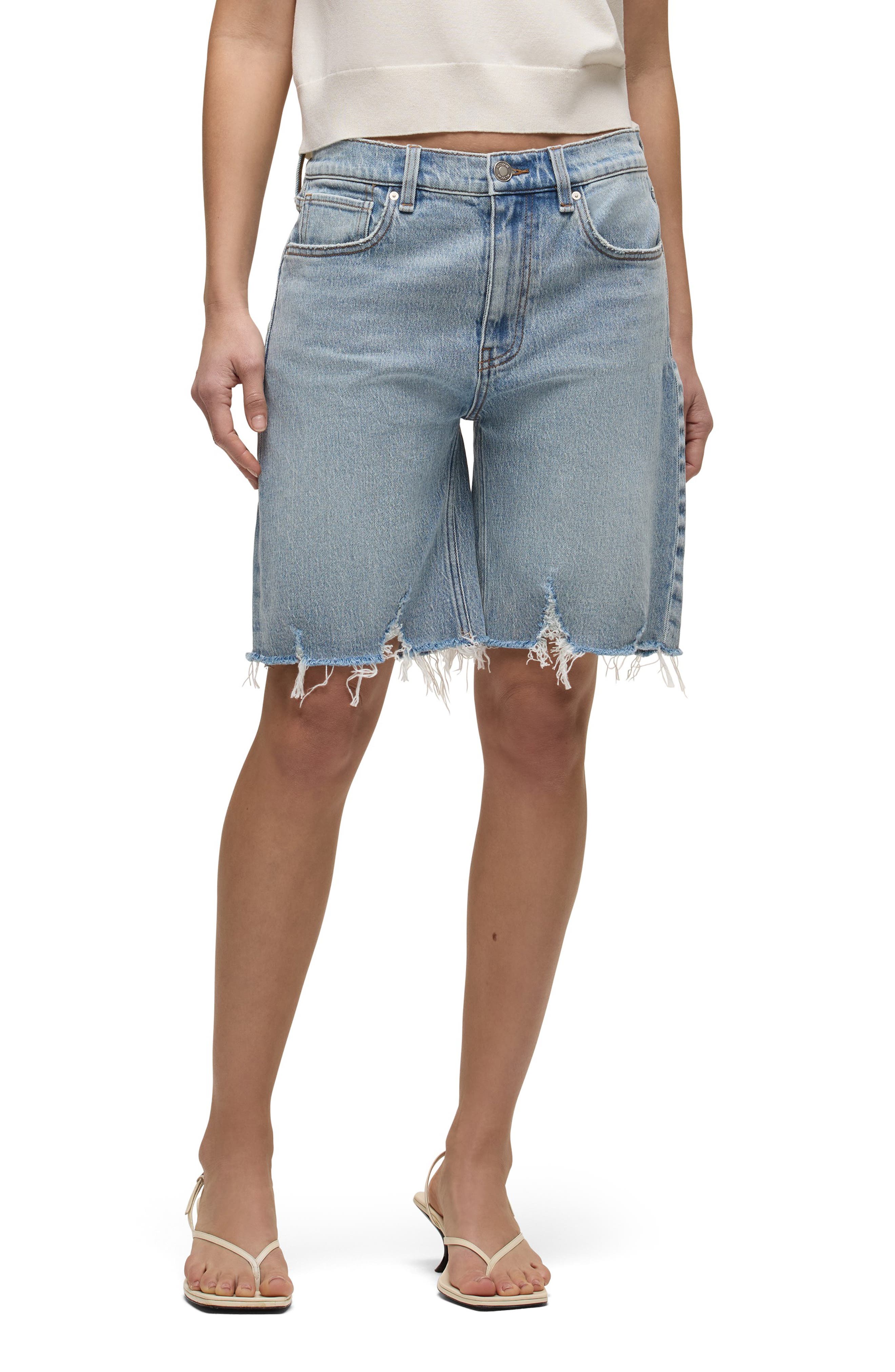London Frayed Low Rise Long Denim Shorts