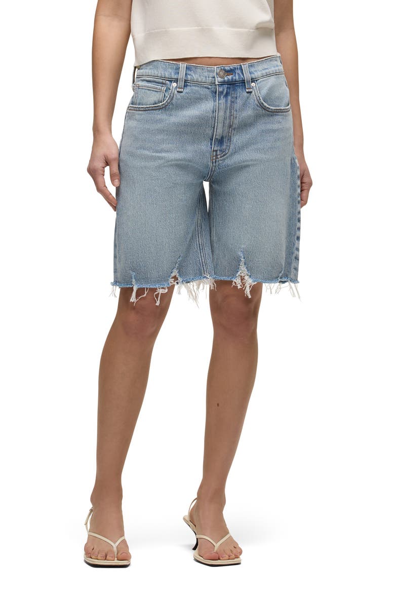 London Frayed Low Rise Long Denim Shorts, Main, color, BLUE EYES